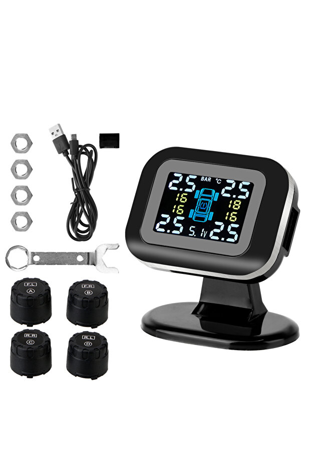 black Auto Security Alarm Systems With 4 Pcs External Sensor Wireless Mini Car Tire Pressure Monitor - 1