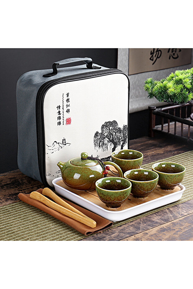 Four-piece Set green With Travelling Bag 4 Cups Chinese Kung Fu Tea Set Travel Set Ceramic Portable