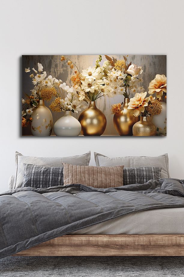 Gold Vazoda Çiçekler Tek Parça Kanvas - Canvas Tablo - 4