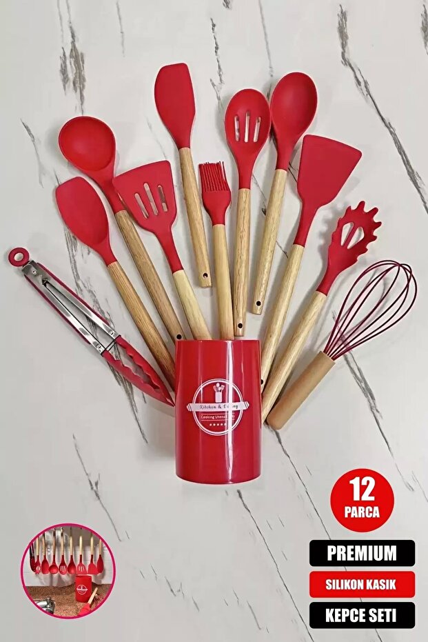 12 Piece Red Fireproof Deflection Serving Tongs Set with Bamboo Stand Red Silicone Durut