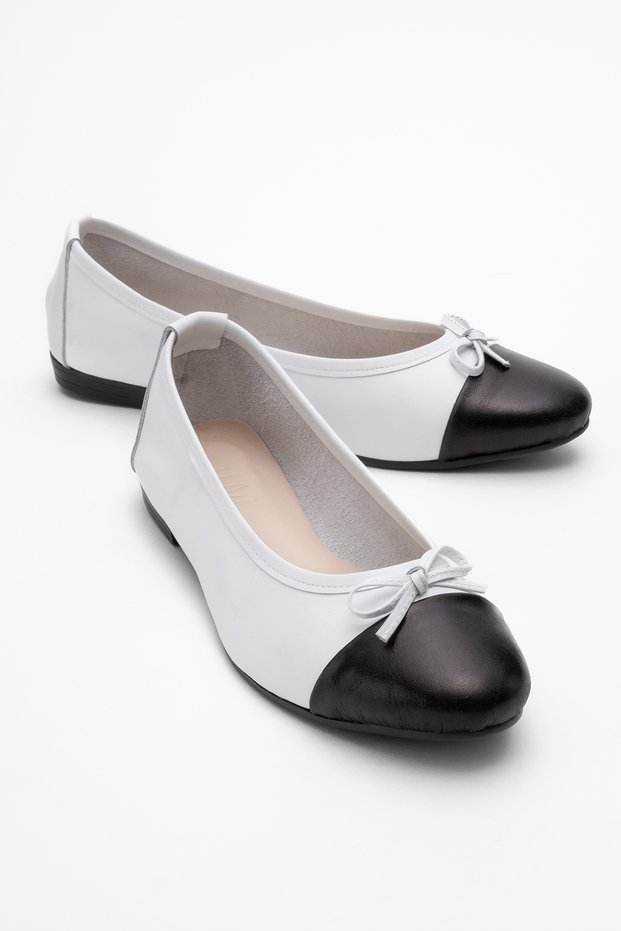 Jens White-Black Skin Genuine Leather Bow Women's Ballerina Shoes