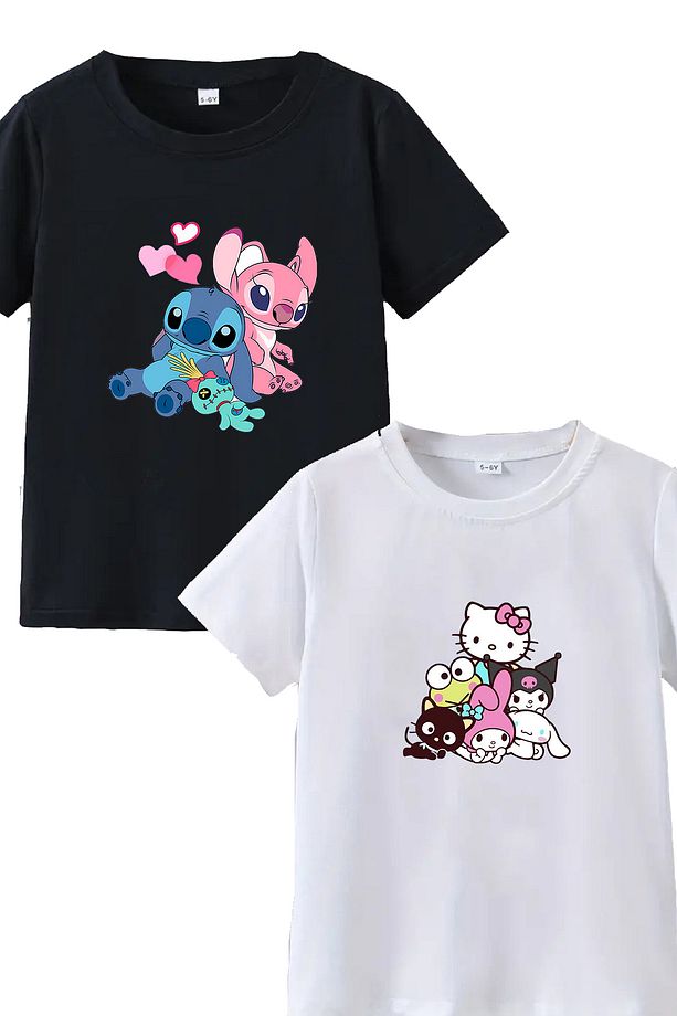 2li Kaliteli Pamuk Penye Kız  Çocuk Baskılı Tshirt 5 6 7 8 9 10 11 12 13 14 yaş Lilo Kuromi Hello - 1