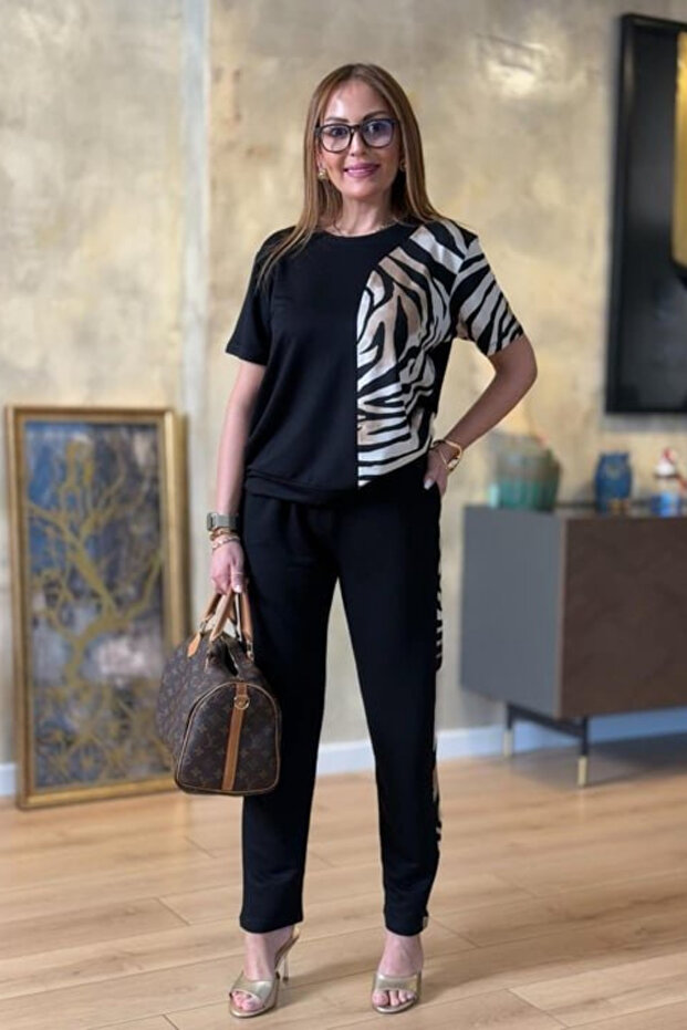 New Season Women's Short Sleeve Zebra Patterned Large Size Blouse Trousers Two Piece Set