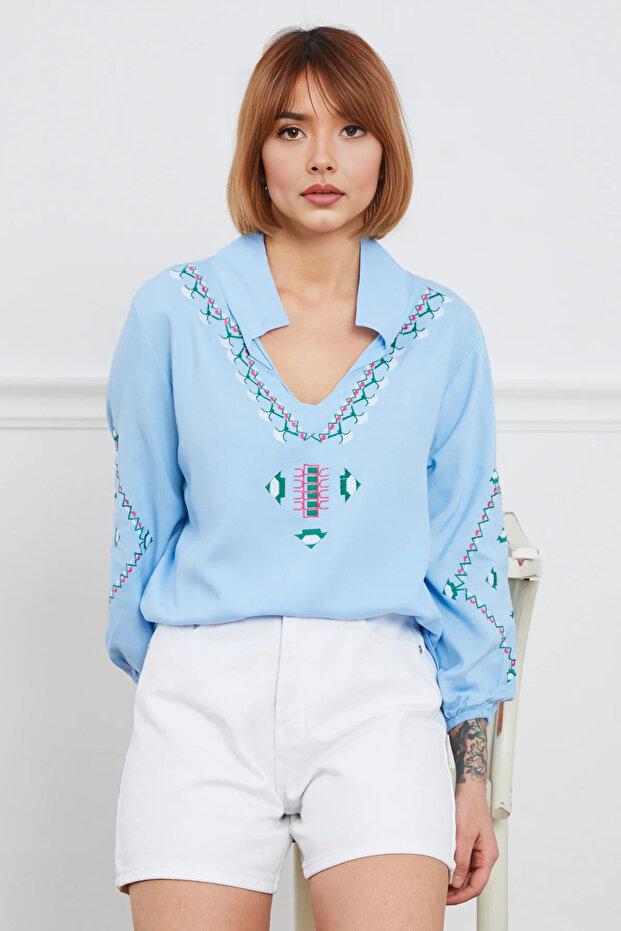 Nakışlı Bluz | Mavi - 5