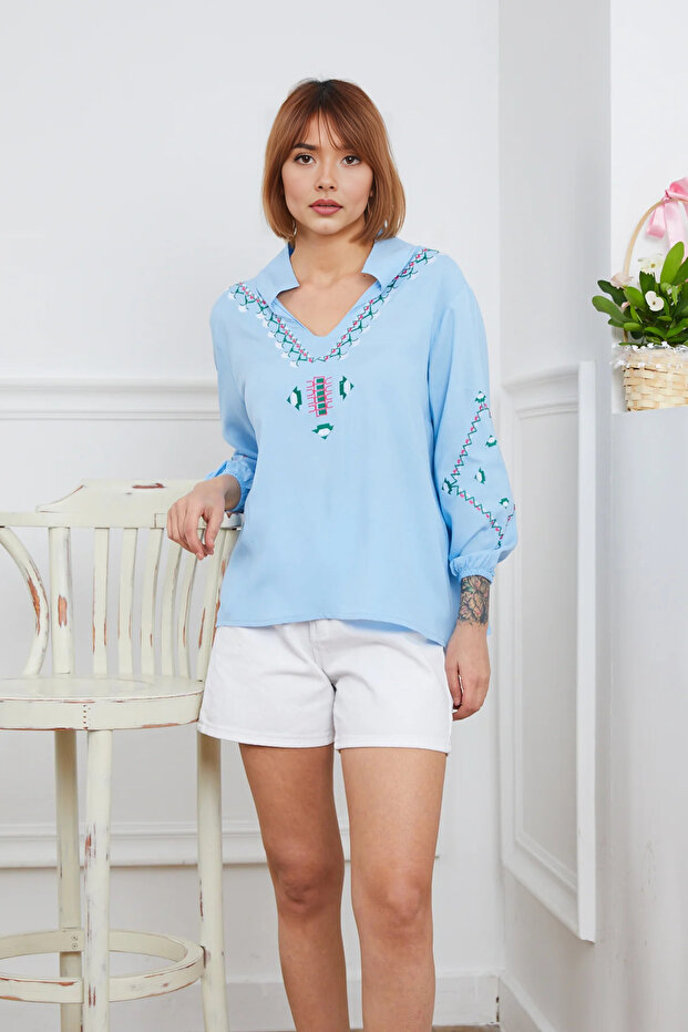 Nakışlı Bluz | Mavi - 4