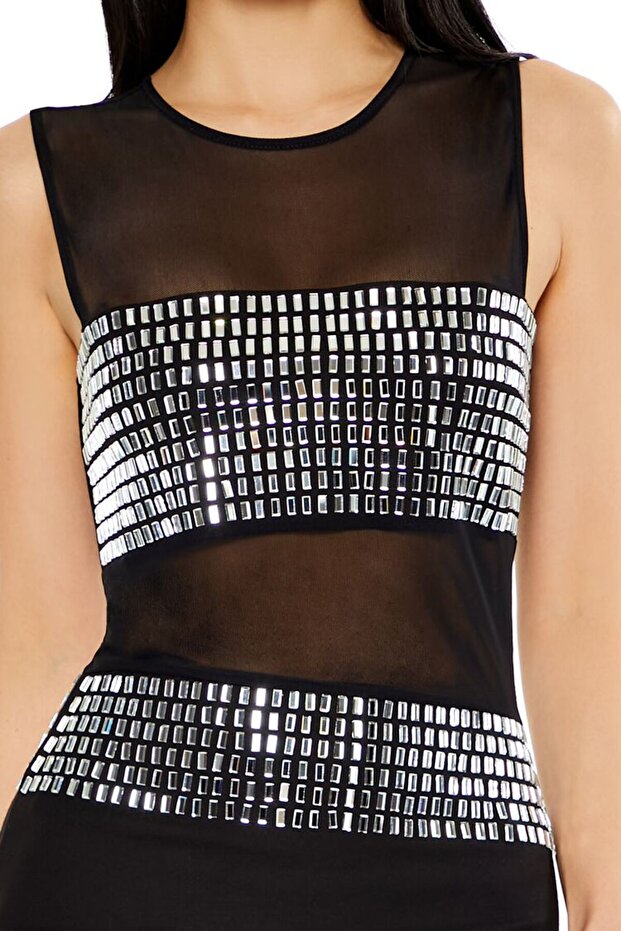 Transparan Taşlı Mini Elbise - 3