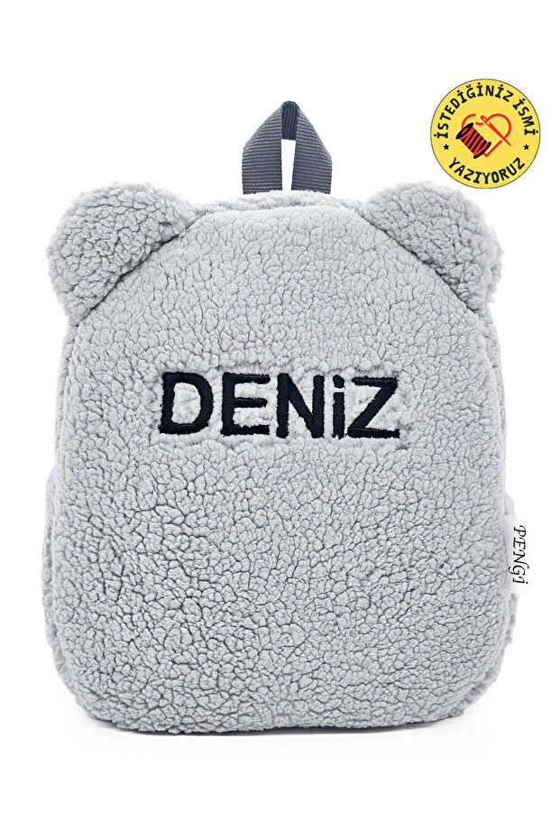 PENGİ [ İSTEDİĞİNİZ İSMİ NAKIŞLA YAZIYORUZ ] Teddy Gri 0-8 Yaş Çocuk Sırt Çantası, kreş Çantası -Anaokulu