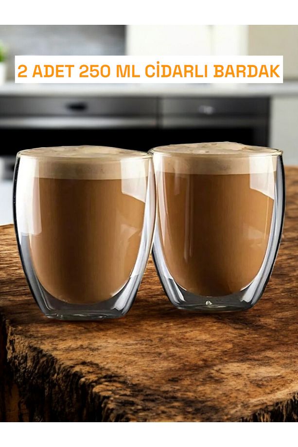 2 Li Çift Cidarlı Bardak Seti Kahve Sunum Bardağı Latte Espresso Cam Bardak 250 ml - 1