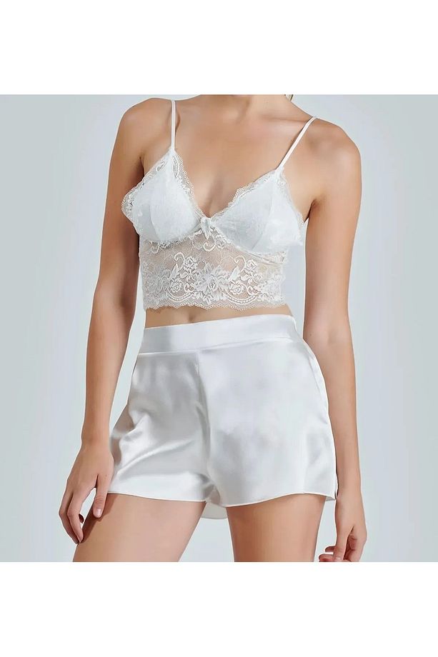 Kadın Ekru Saten Çeyiz Seti 6 Parça Sabahlık Gecelik Pijama Şortlu Takım .R.O.Z.2.0.A.L.S.E.L.T - 5