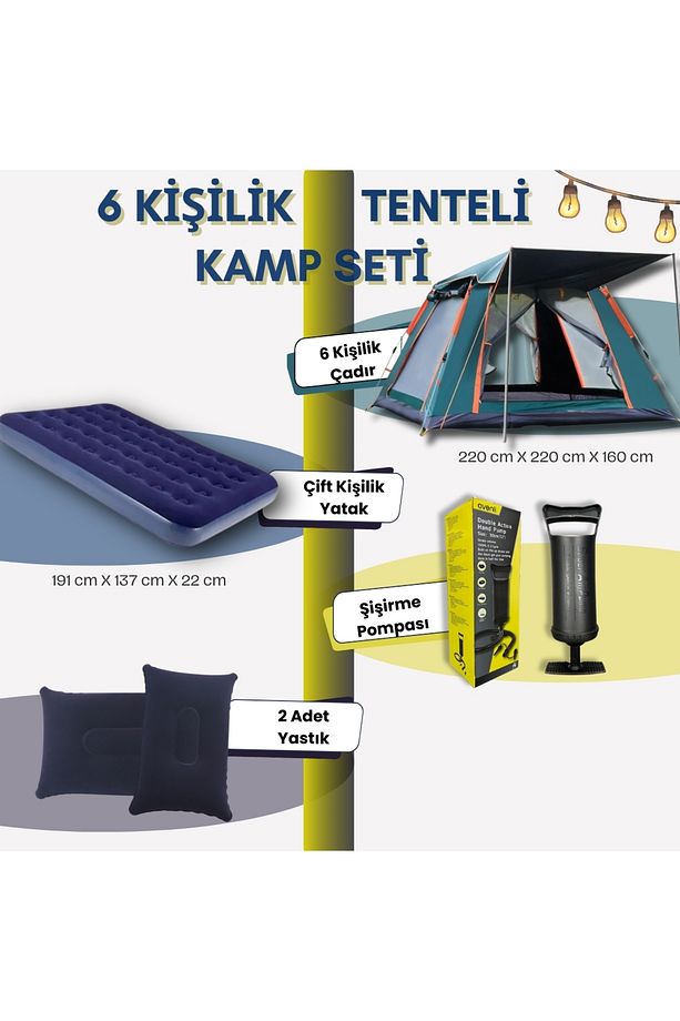 6 Kişilik Tam Otomatik Tenteli Kamp Çadırı + Çift Kişilik Şişme Yatak Seti (Kamp Seti) - 1