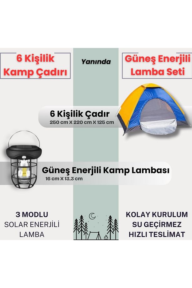 6 Kişilik Kolay Kurulumlu Kamp Çadırı  + Lamba (Kamp Seti) - 1