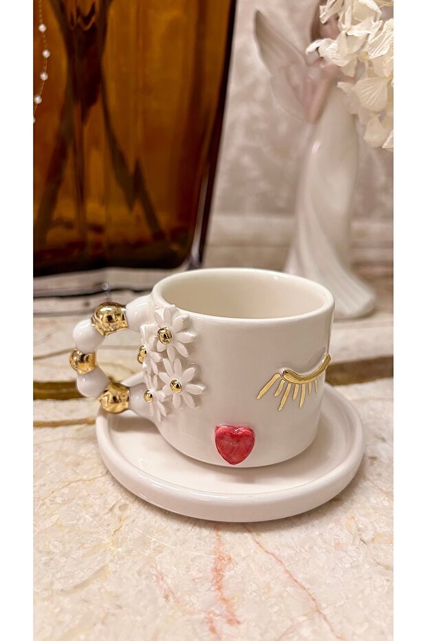 Flower Detailed Twist Handle Fancy Girl 24k Gold Decorated Handmade Ceramic Cup 120ml