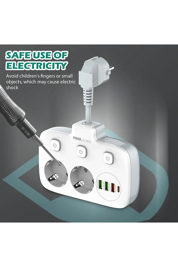 USB'li 3'lü Priz | 20W Hızlı Şarj | 1 Type-C + 3 USB | PD & QC 3.0 | Çoklu Priz & Uzatma Kablosu - 8