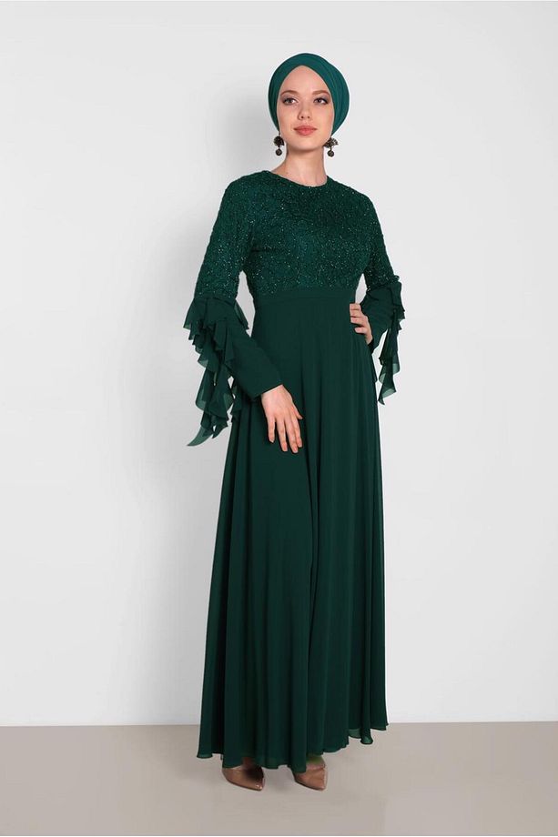 KOLARI ŞİFON DETAYLI  SİMLİ DANTEL ELBİSE 4224 - 2