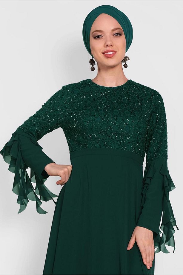 KOLARI ŞİFON DETAYLI  SİMLİ DANTEL ELBİSE 4224 - 1