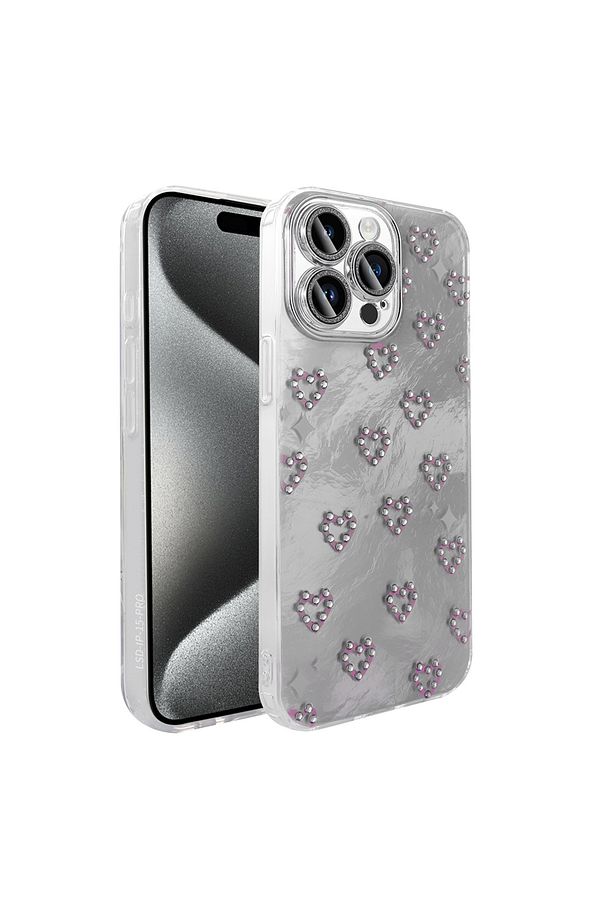iPhone 15 Pro Max Kılıf Kalpli Fiyonk 3d Desenli Kabartmalı Simli inci Tasarımlı Taşlı işlemeli Kap - 1