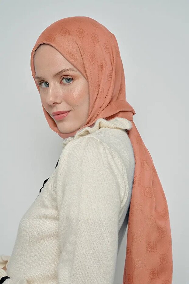 Jacquard Cotton Shawl Monogram Pattern - Peach Fuzz