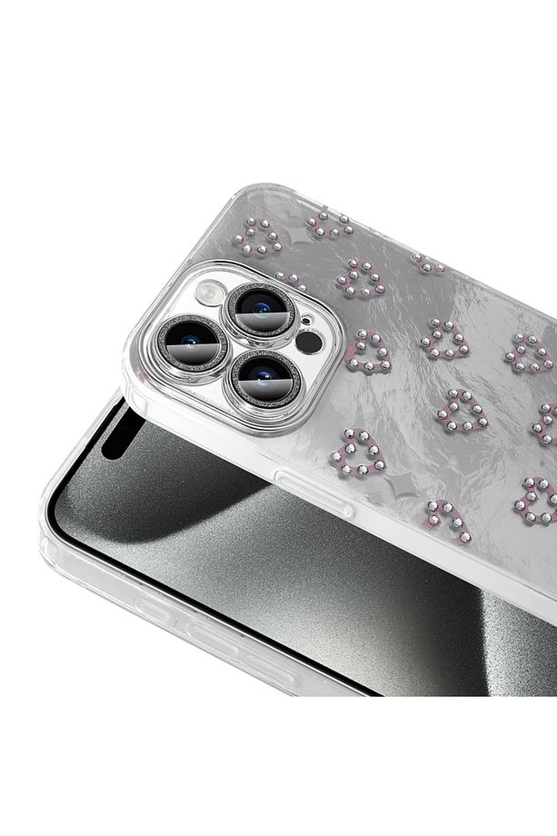 iPhone 15 Pro Max Kılıf Kalpli Fiyonk 3d Desenli Kabartmalı Simli inci Tasarımlı Taşlı işlemeli Kap - 3