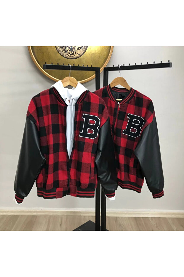 Men's Gingham Pattern Embroidered College Jacket - Red - 3