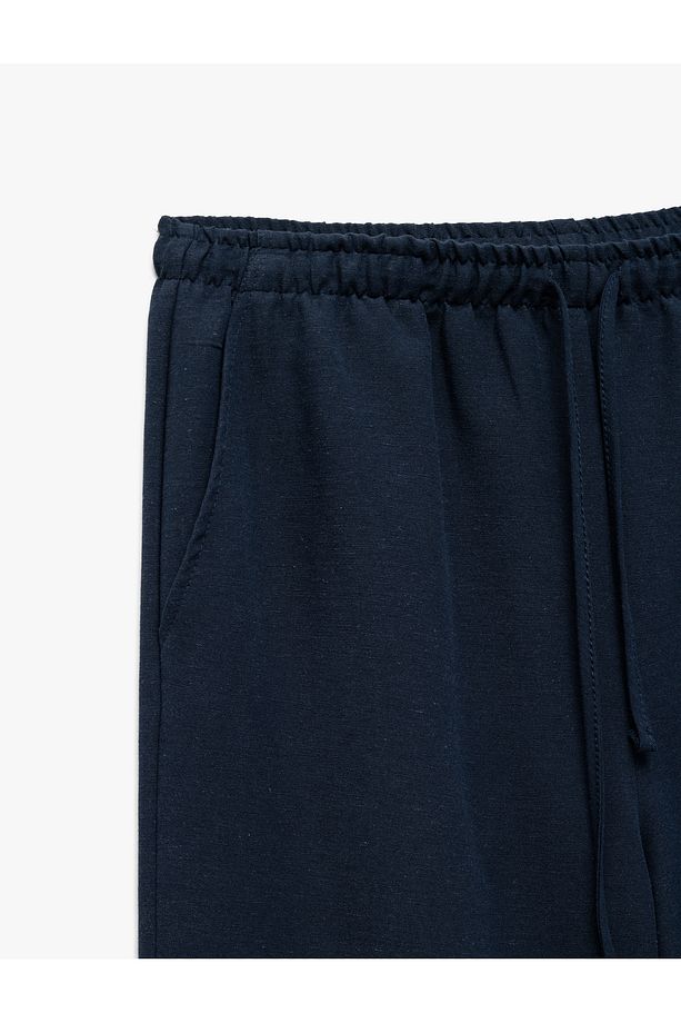 Yüksek Bel Bağcıklı Keten Karışımlı Cep Detaylı Pantolon - 5