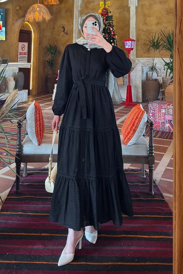 Embossed Patterned Hijab Dress Black 1002-1