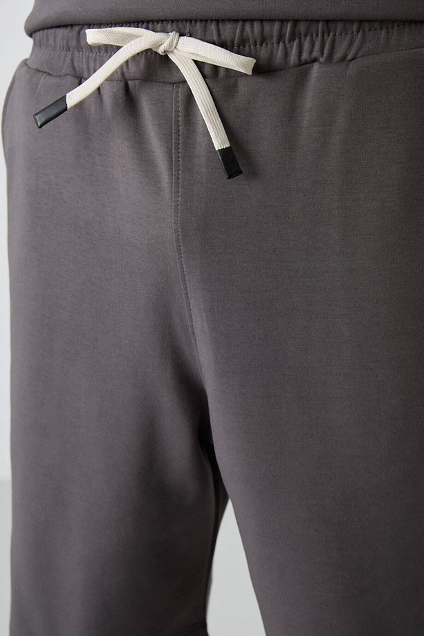 Koyu Gri Pamuklu Kalın Yumuşak Dokulu Oversize Fit Basic Erkek Şort Takım - 85249 - 5