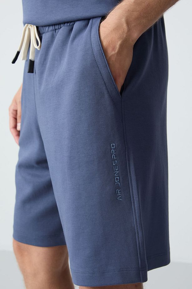 Petrol Pamuklu Kalın Yumuşak Dokulu Oversize Fit Basic Erkek Şort Takım - 85257 - 4