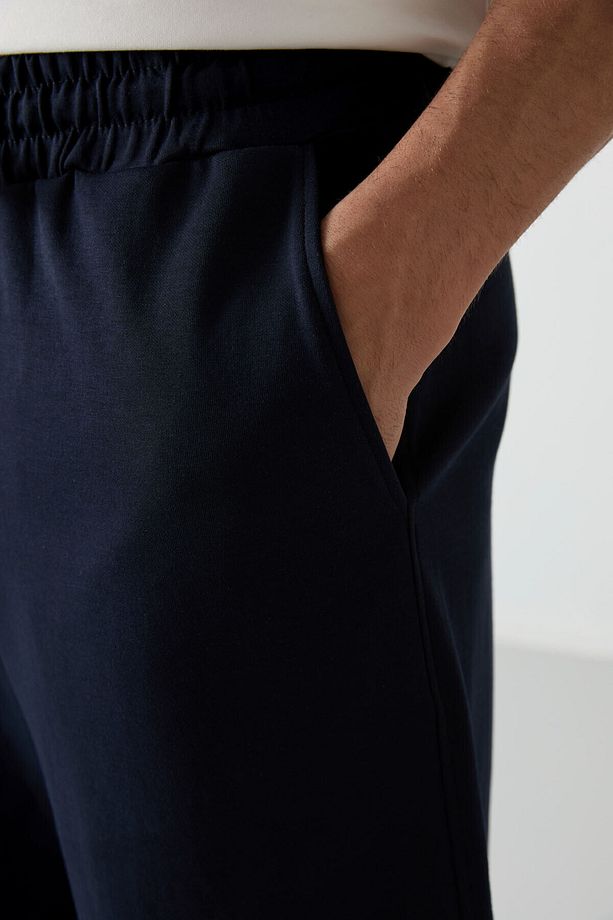 Ekru - Lacivert Pamuklu Kalın Yumuşak Dokulu Oversize Fit Basic Erkek Şort Takım - 85249 - 7