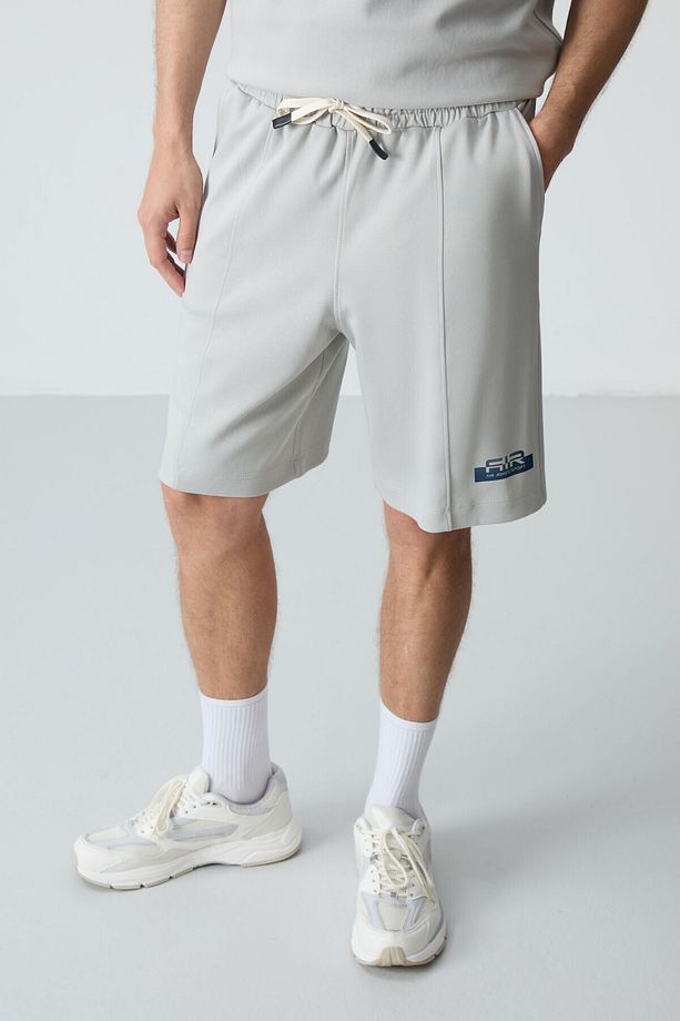 Taş Pamuklu Kalın Yumuşak Dokulu Oversize Fit Basic Erkek Şort Takım - 85259 - 2