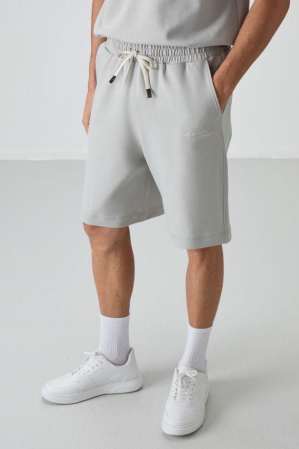 Taş Pamuklu Kalın Yumuşak Dokulu Oversize Fit Nakışlı Erkek Şort Takım - 85250 - 7