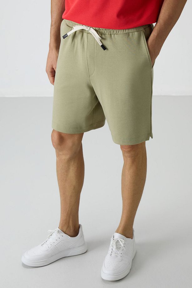 Açık Çağla Pamuklu Kalın Yumuşak Dokulu Comfort Fit Basic Erkek Şort - 81274 - 1