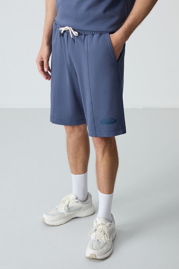 Petrol Pamuklu Kalın Yumuşak Dokulu Oversize Fit Basic Erkek Şort Takım - 85259 - 6