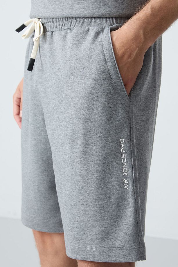 Gri Melanj Pamuklu Kalın Yumuşak Dokulu Oversize Fit Basic Erkek Şort Takım - 85257 - 6
