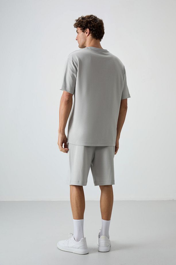 Taş Pamuklu Kalın Yumuşak Dokulu Oversize Fit Nakışlı Erkek Şort Takım - 85250 - 8