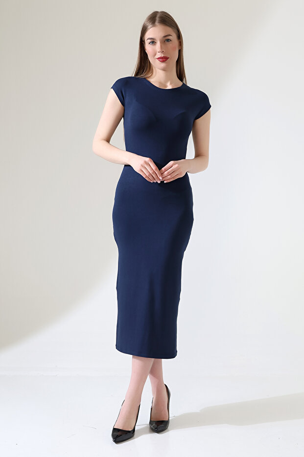 Low Sleeve Closed Crew Neck Basic Women Long Casual Dress 21898 Navy Blue