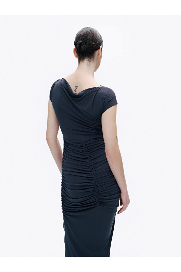 Drapeli Büzgülü Maxi Elbise - 4