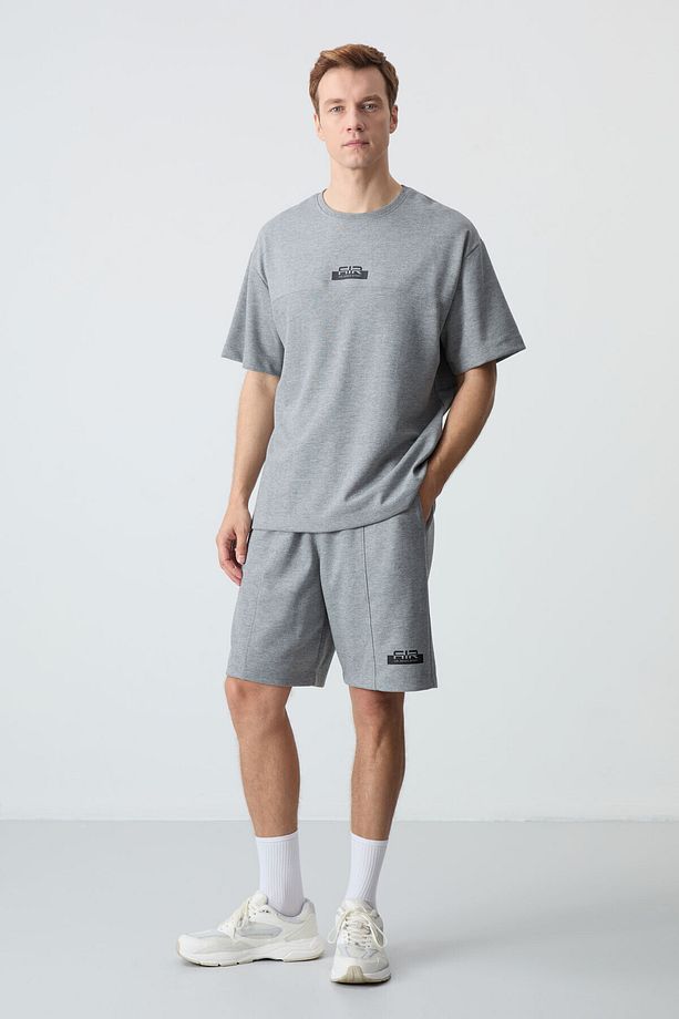 Gri Melanj Pamuklu Kalın Yumuşak Dokulu Oversize Fit Basic Erkek Şort Takım - 85259 - 1