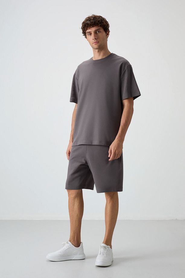 Koyu Gri Pamuklu Kalın Yumuşak Dokulu Oversize Fit Basic Erkek Şort Takım - 85249 - 7