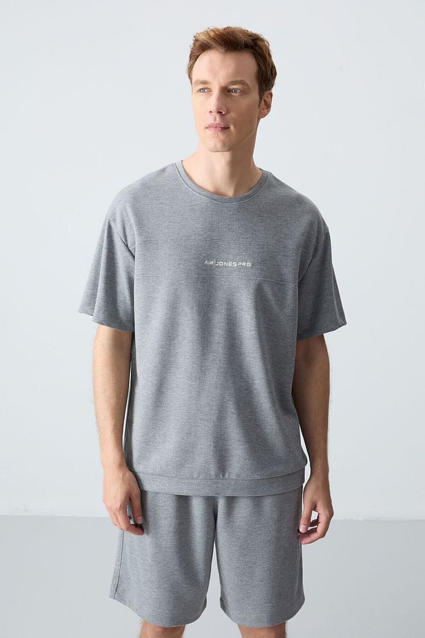 Gri Melanj Pamuklu Kalın Yumuşak Dokulu Oversize Fit Basic Erkek Şort Takım - 85257 - 5