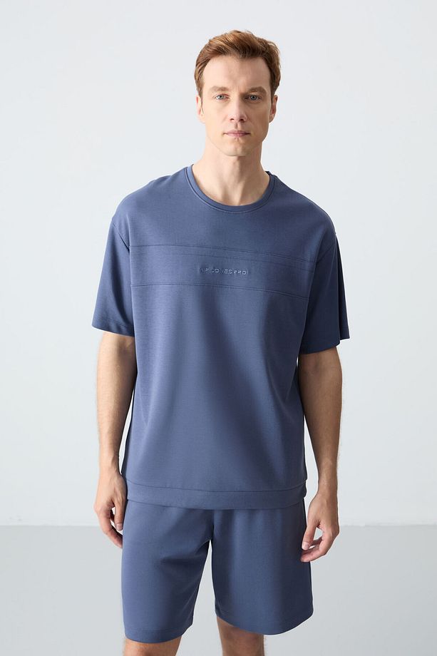 Petrol Pamuklu Kalın Yumuşak Dokulu Oversize Fit Basic Erkek Şort Takım - 85257 - 8