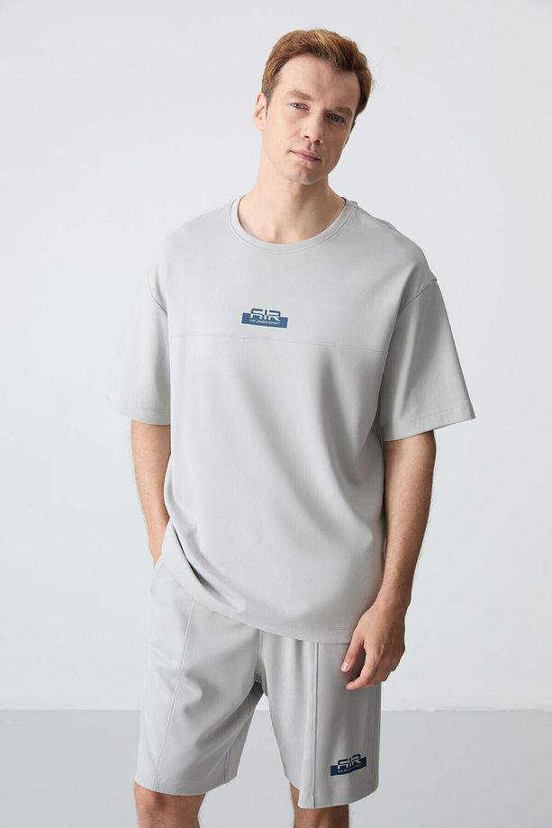 Taş Pamuklu Kalın Yumuşak Dokulu Oversize Fit Basic Erkek Şort Takım - 85259 - 3
