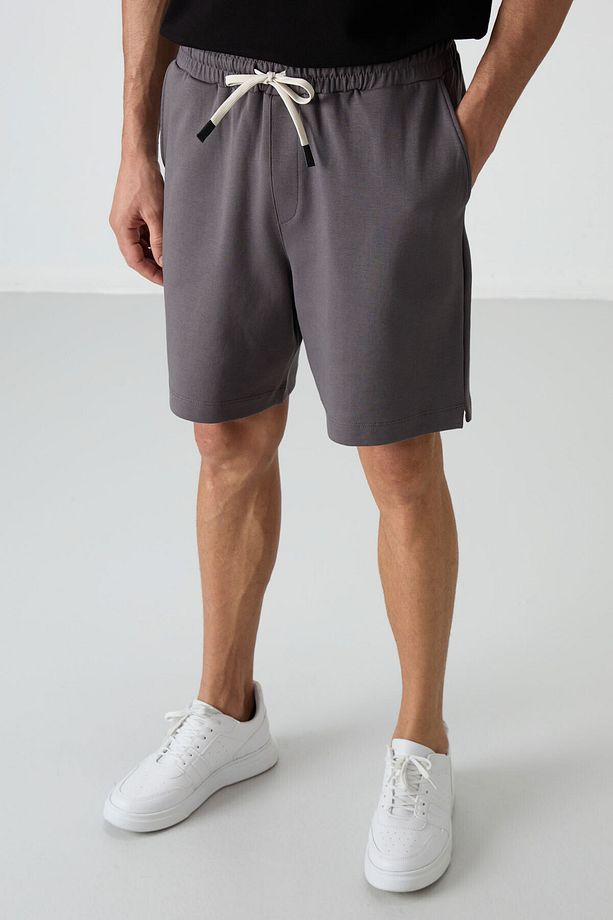 Koyu Gri Pamuklu Kalın Yumuşak Dokulu Comfort Fit Basic Erkek Şort - 81274 - 1