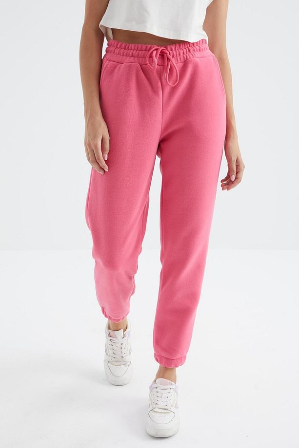Şeker Pembe Yüksek Bel Basic Bağcıklı Jogger Polar Kadın Eşofman Alt - 94622 - 5