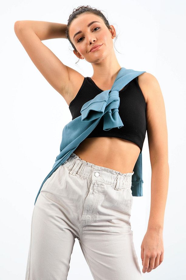 Siyah Basic Sıfır Kol Dar Kalıp U Yaka Kadın Crop Top Atlet - 97160 - 7
