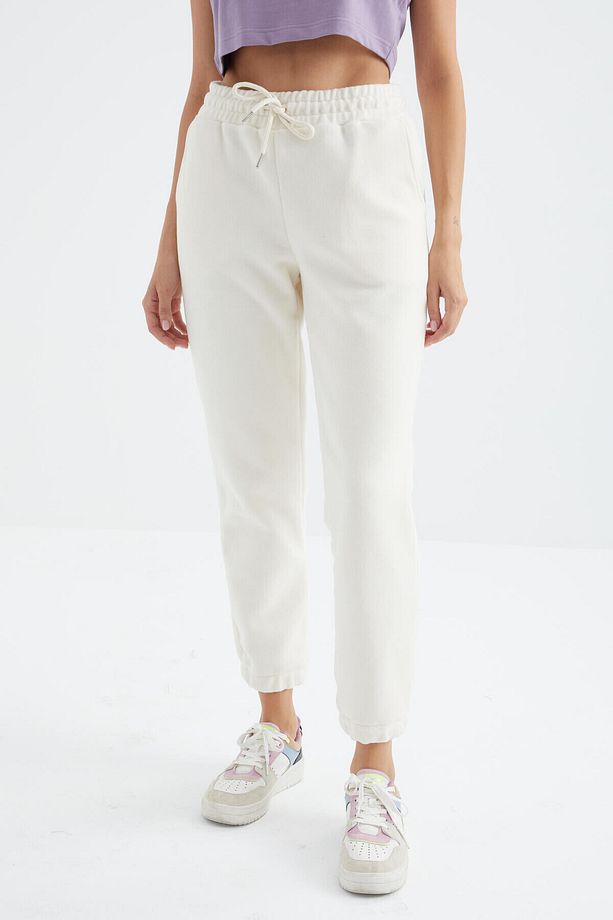 Ekru Yüksek Bel Basic Bağcıklı Jogger Polar Kadın Eşofman Alt - 94622 - 5