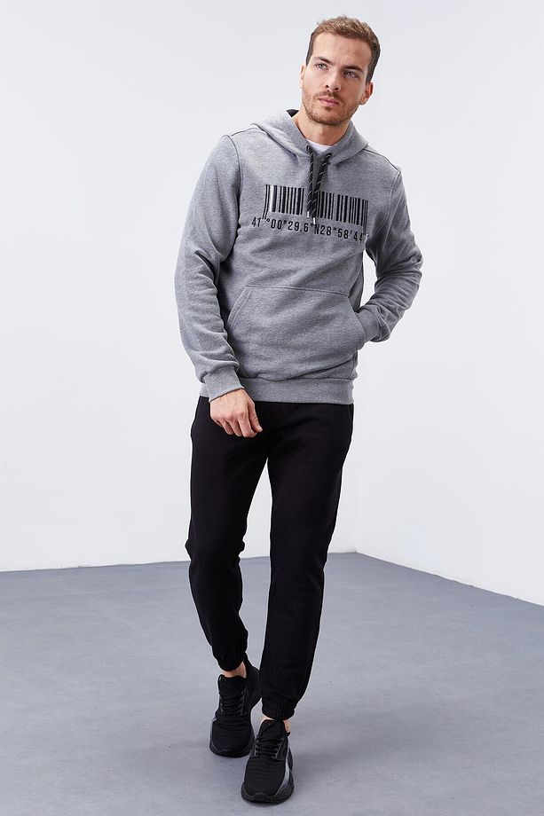 Gri Melanj Nakışlı Kanguru Cep Standart Kalıp Kapüşonlu Erkek Sweatshirt - 87839 - 7