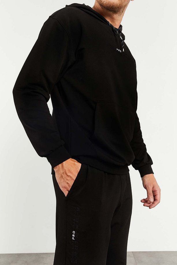 Siyah Kapüşonlu Kanguru Cep Lastik Paça Erkek Oversize Eşofman Takımı - 85117 - 9