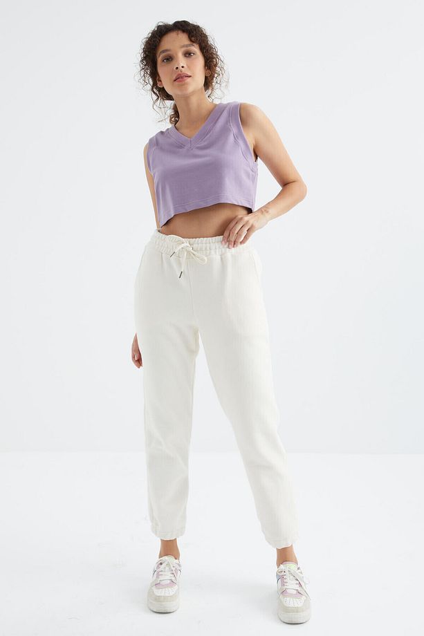Ekru Yüksek Bel Basic Bağcıklı Jogger Polar Kadın Eşofman Alt - 94622 - 1