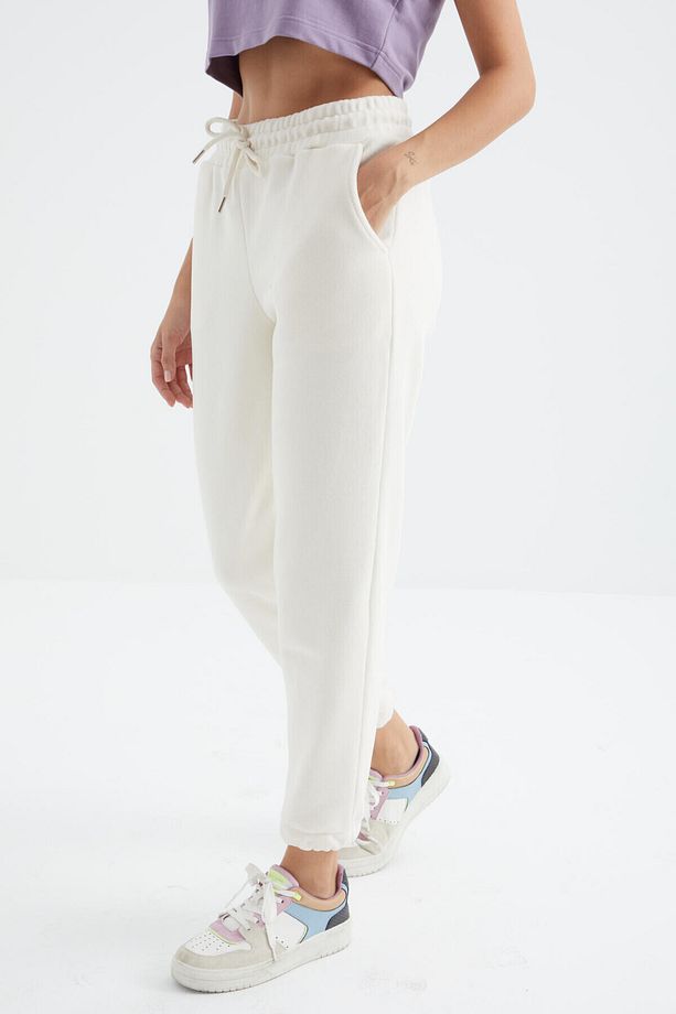 Ekru Yüksek Bel Basic Bağcıklı Jogger Polar Kadın Eşofman Alt - 94622 - 3