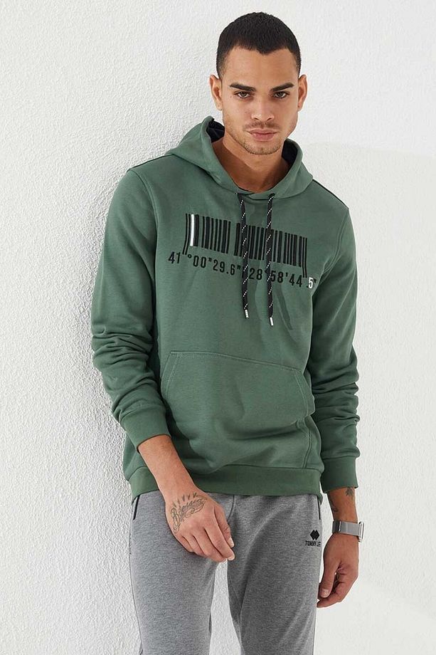 Yeşil Nakışlı Kanguru Cep Standart Kalıp Kapüşonlu Erkek Sweatshirt - 87839 - 1